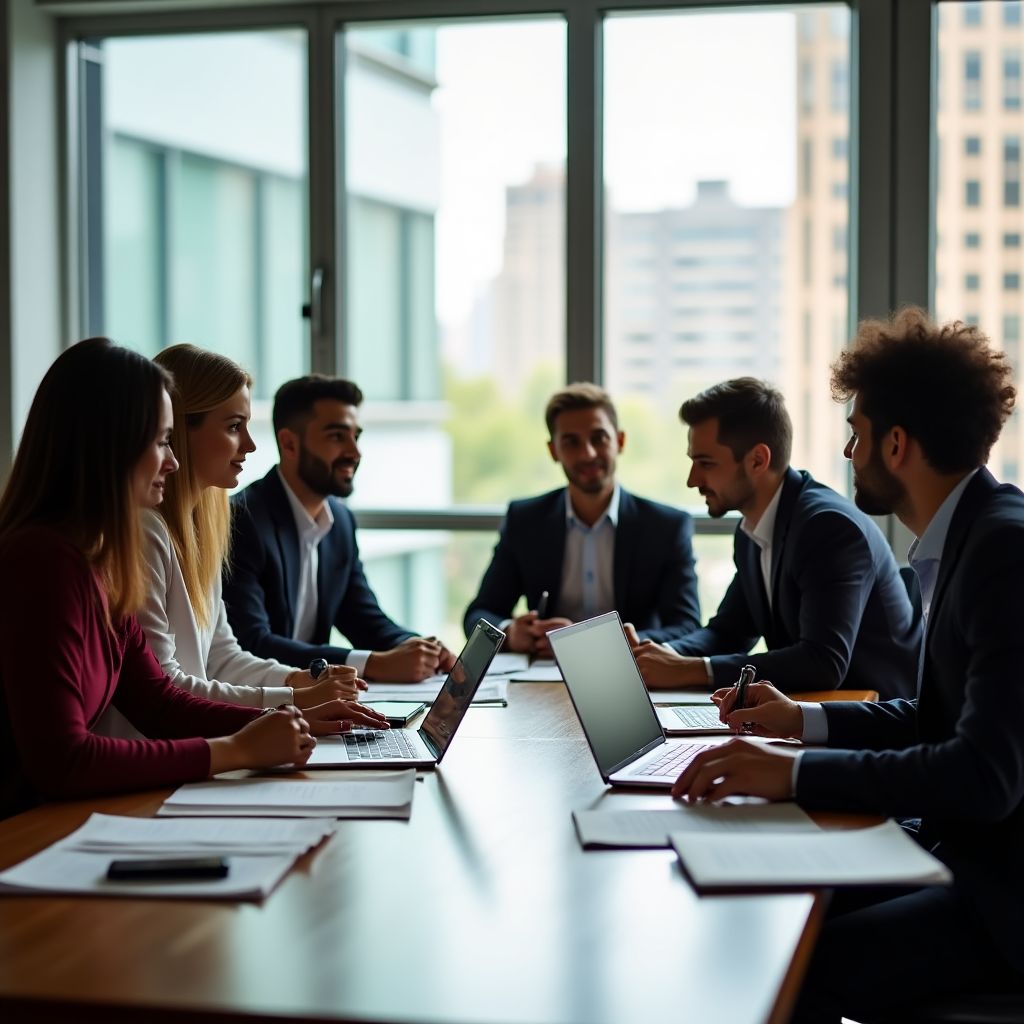 Equipo de consultores financieros discutiendo estrategias en una oficina moderna.
